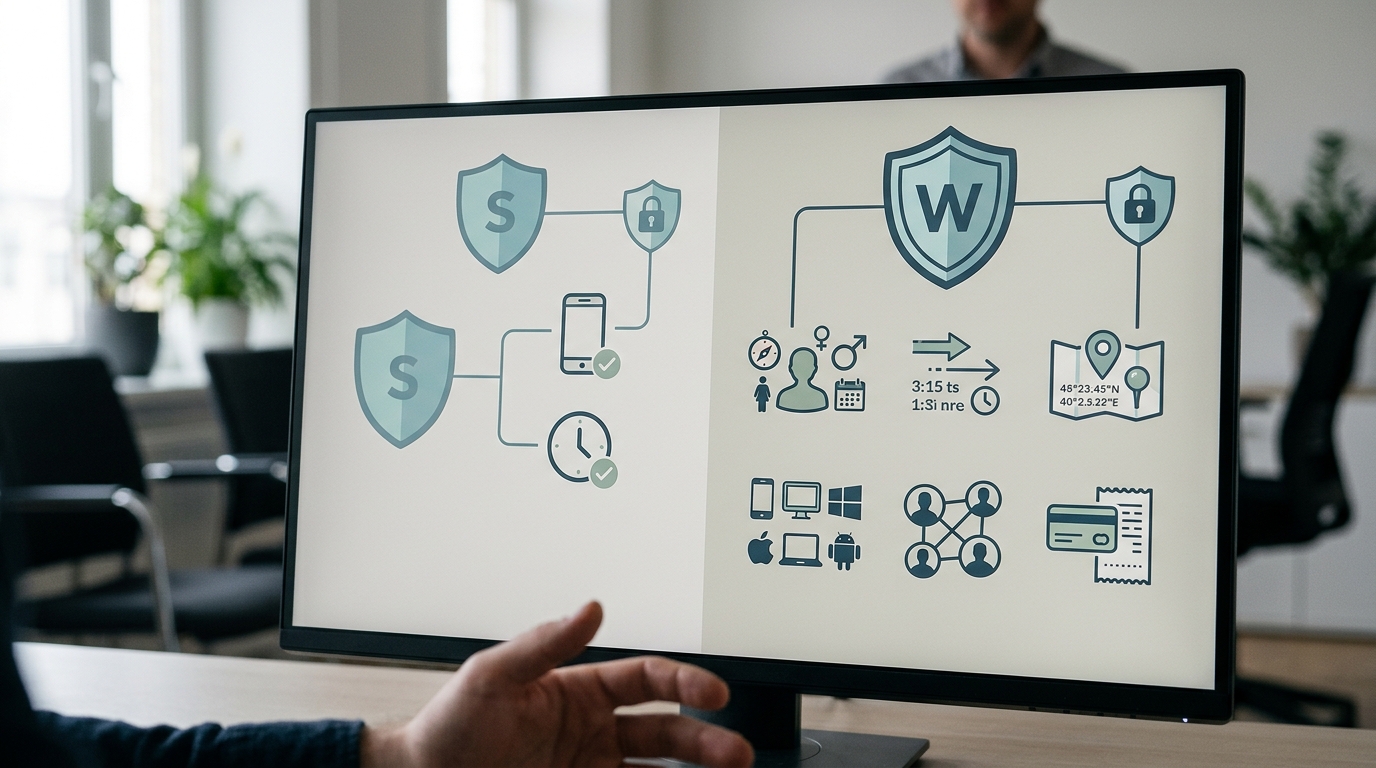 Split-screen comparison infographic showing Signal's minimal data fields (phone number, last seen) versus WhatsApp's extensive metadata collection categories, with shield icons indicating encryption coverage | 