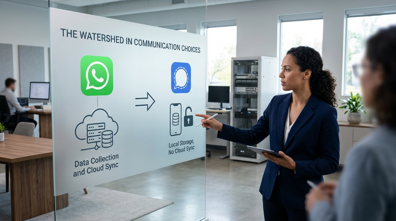 WhatsApp 与 Signal 数据存储模式对比示意图，突出隐私差异